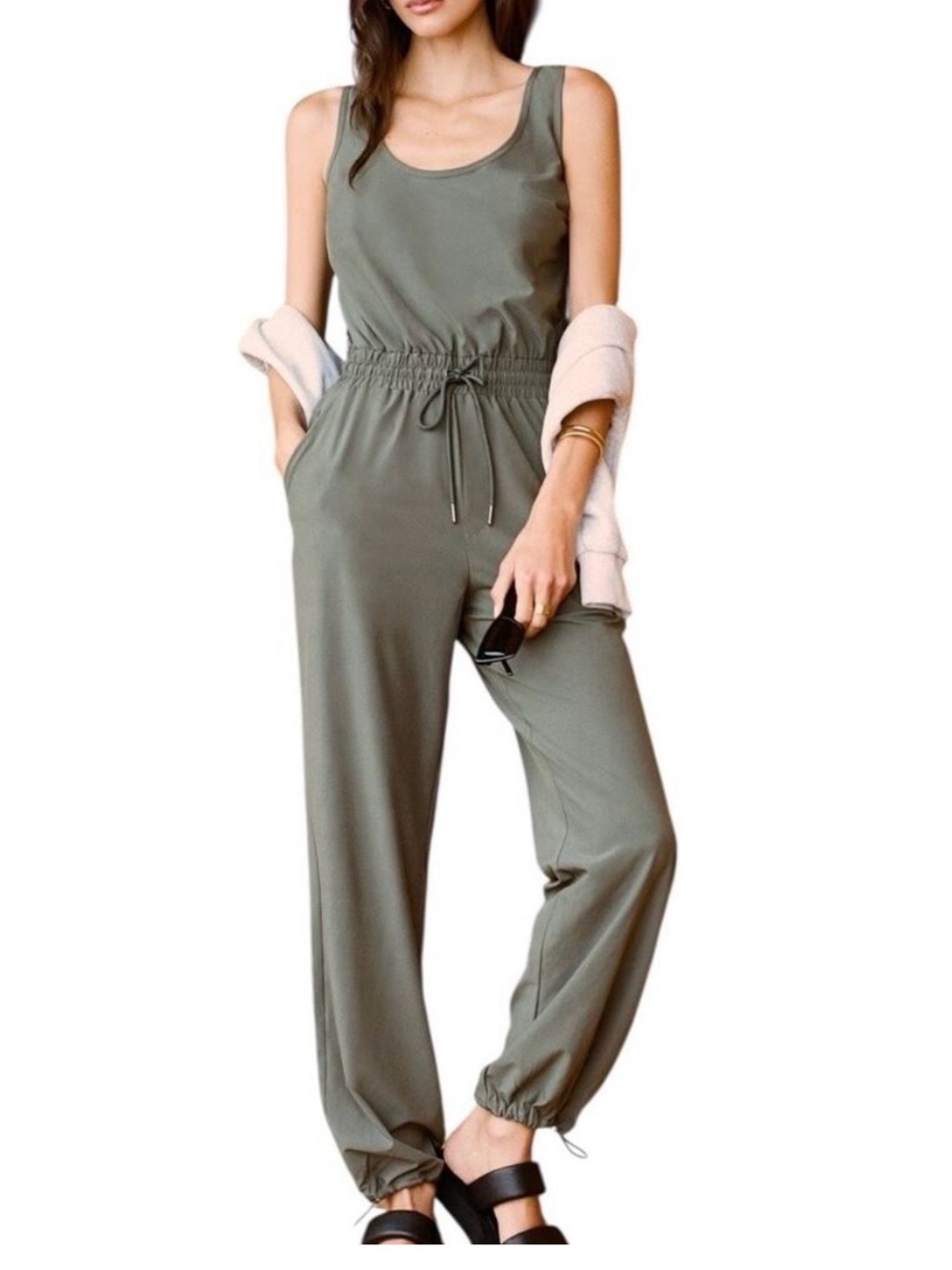 Abercrombie & Fitch Olive Green Travel Sleeveless Drawstring Jumpsuit